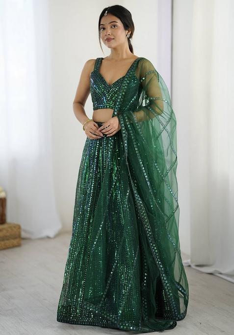 Green Embellished Net Lehenga Set