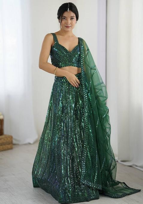 Green Embellished Net Lehenga Set