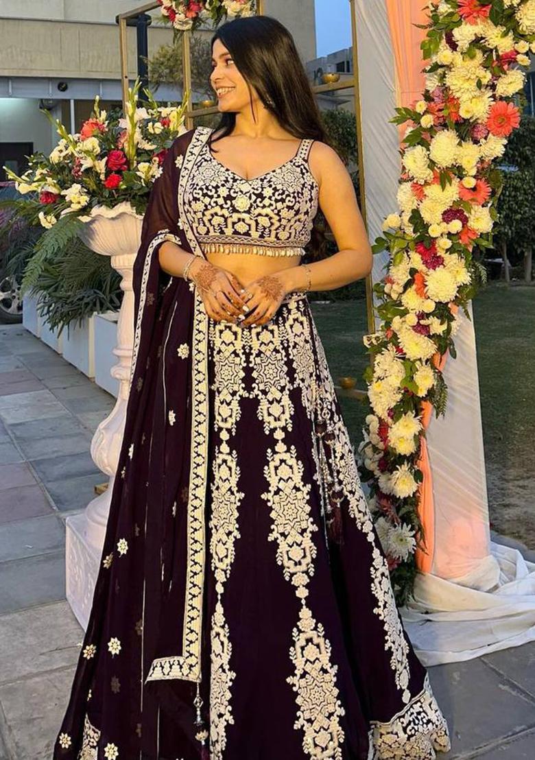 Wine Embroidered Silk Lehenga Set