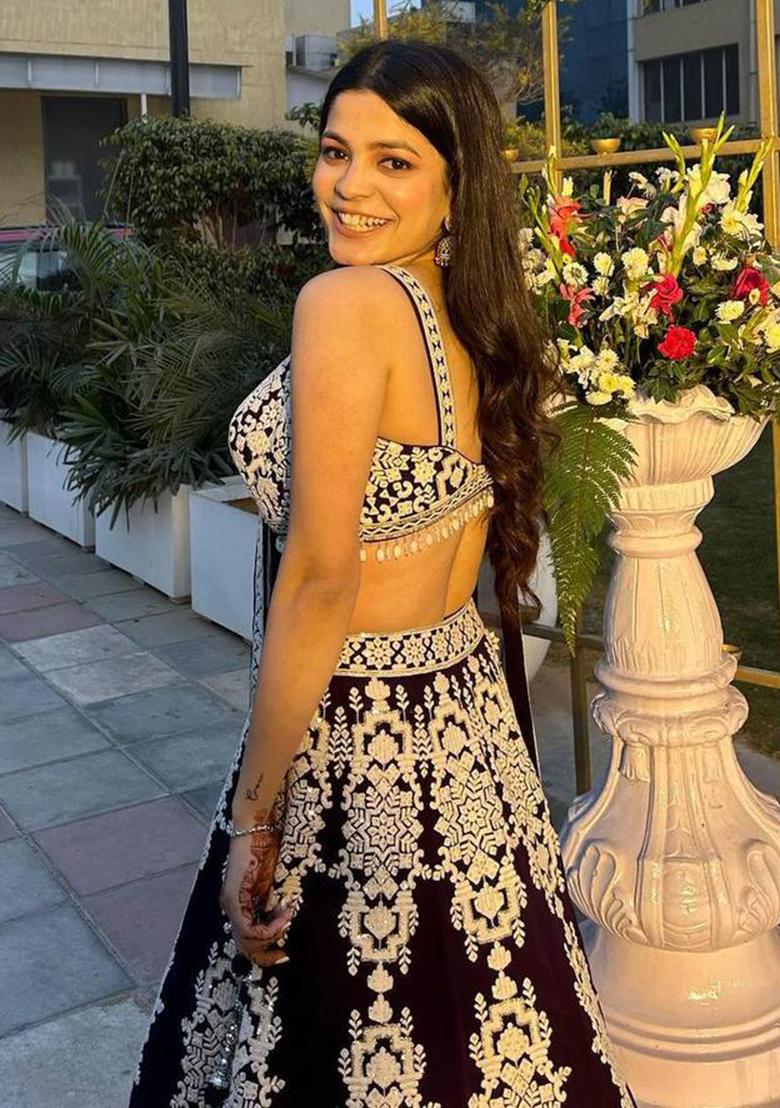 Wine Embroidered Silk Lehenga Set - Indya