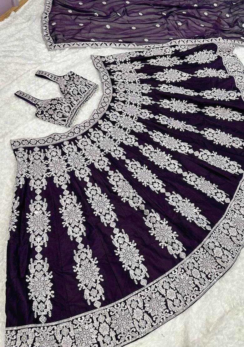 Wine Embroidered Silk Lehenga Set