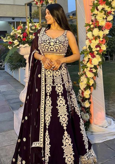 Wine Embroidered Silk Lehenga Set