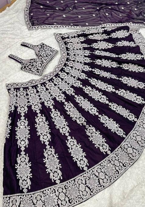Wine Embroidered Silk Lehenga Set
