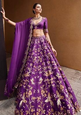 Purple Embellished Silk Lehenga Set