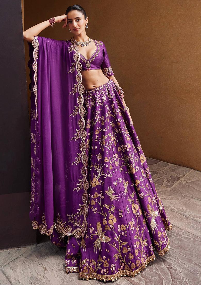 Purple Embellished Silk Lehenga Set - Indya