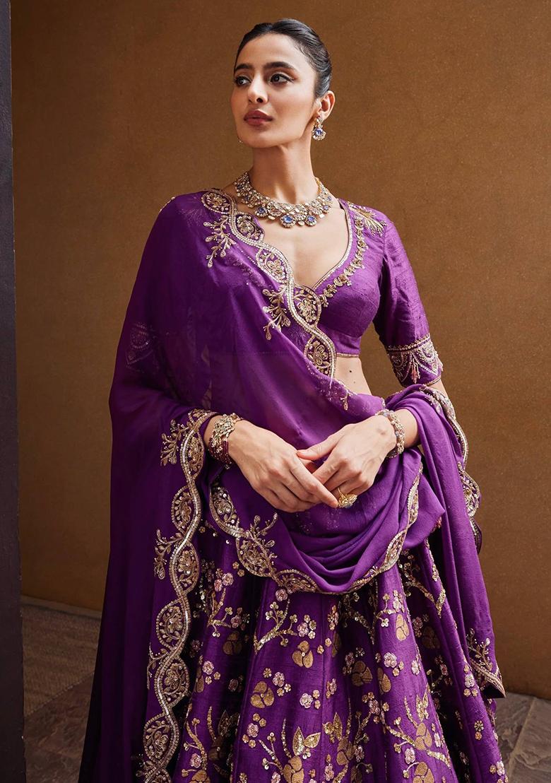 Purple Embellished Silk Lehenga Set - Indya