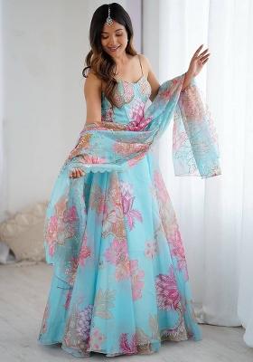Sky Blue Printed Organza Lehenga Set