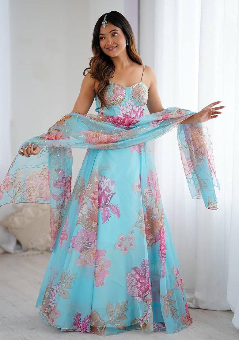 Sky Blue Printed Organza Lehenga Set - Indya