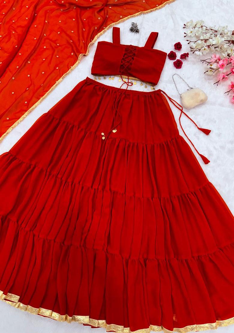 Red Solid Georgette Lehenga Set - Indya