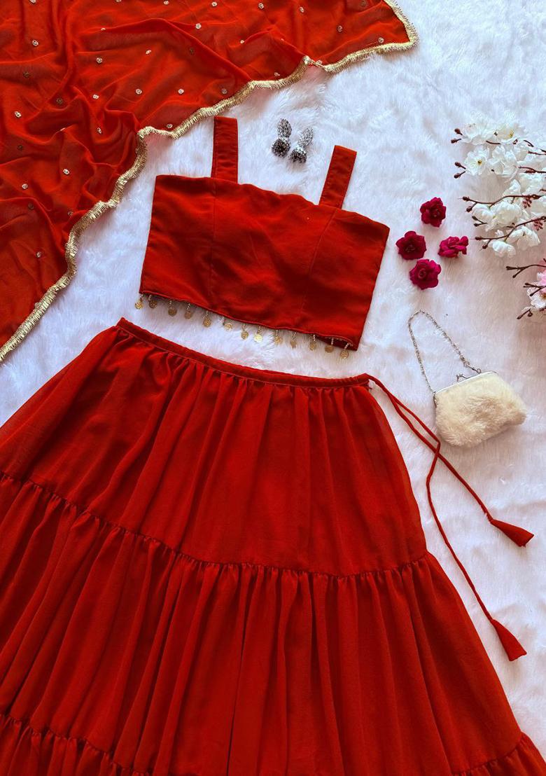 Red Solid Georgette Lehenga Set - Indya