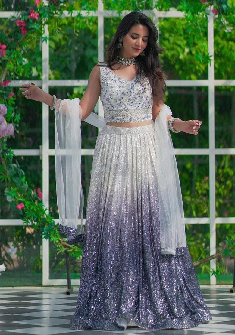 Blue Ombre Embellished Georgette Lehenga Set