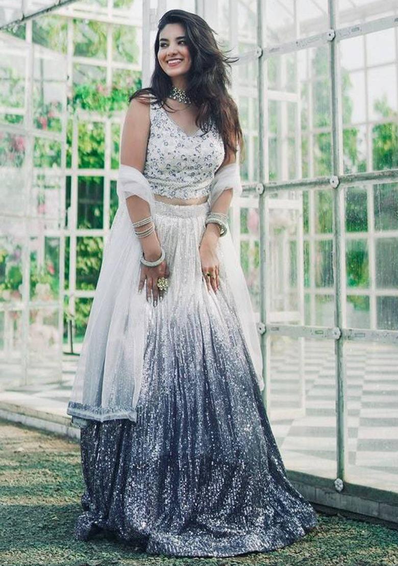 Blue Ombre Embellished Georgette Lehenga Set - Indya