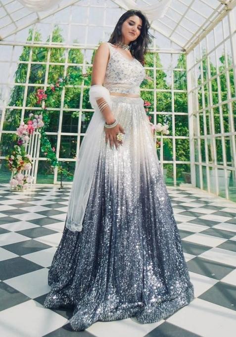 Blue Ombre Embellished Georgette Lehenga Set