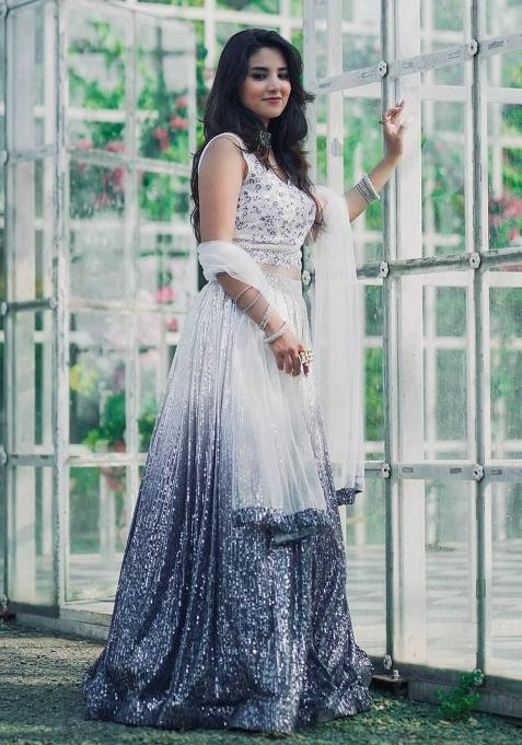 Blue Ombre Embellished Georgette Lehenga Set