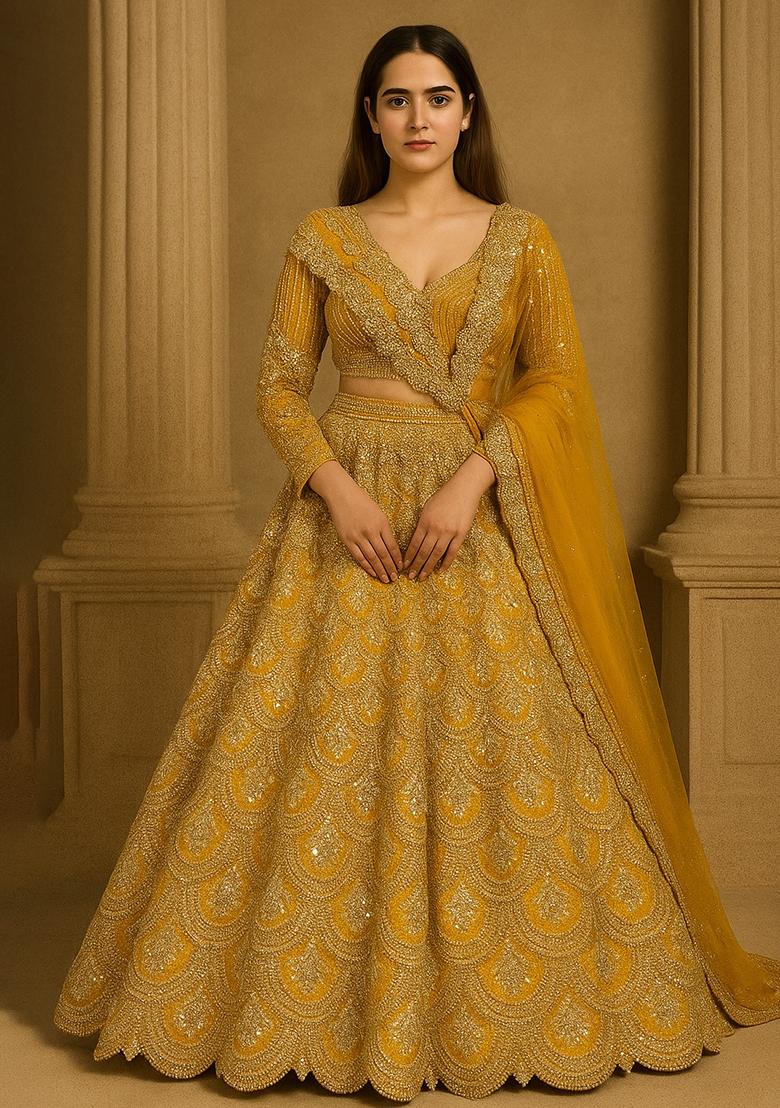 Yellow Embellished Silk Lehenga Set - Indya