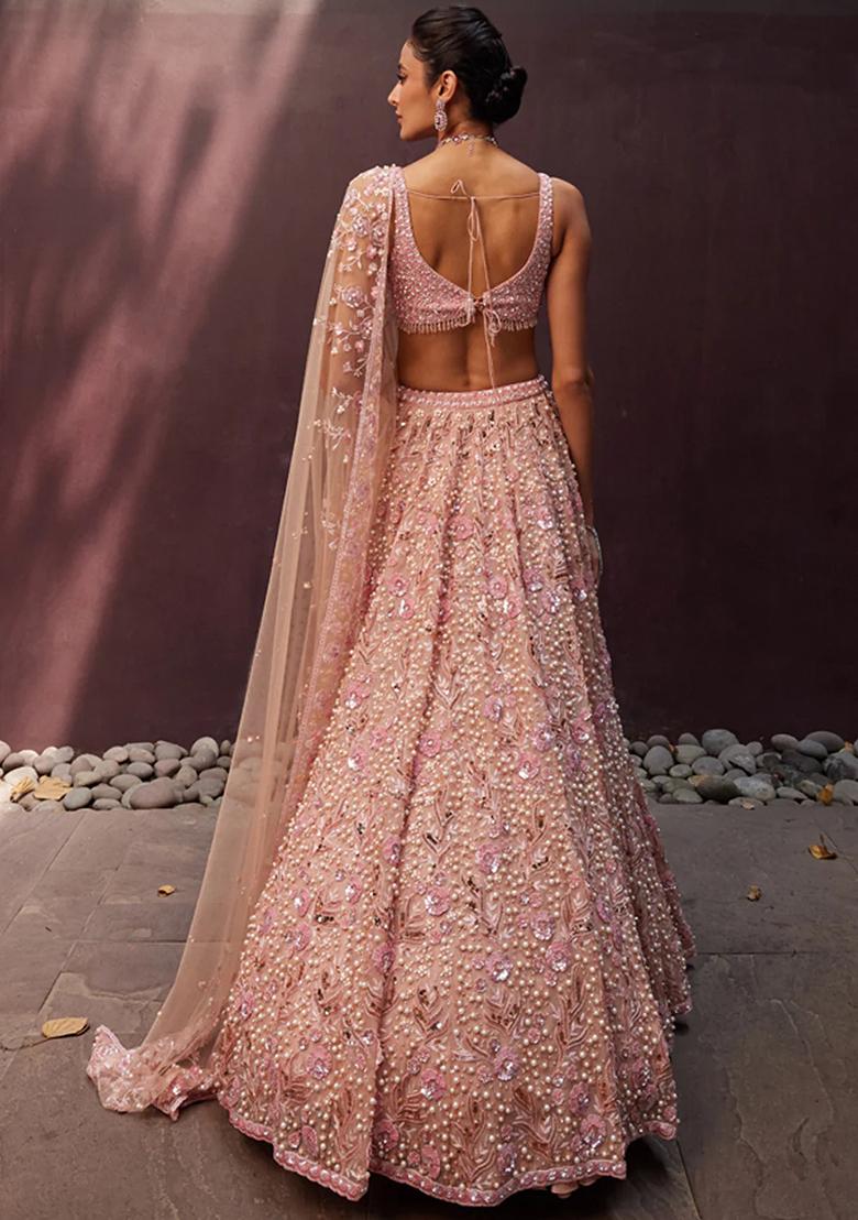Pastel Peach Pink Embroidered Georgette Lehenga Set - Indya