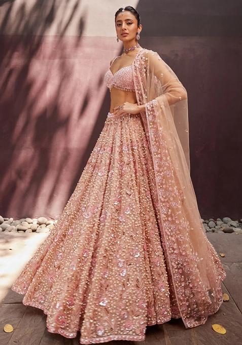 Pastel Peach Pink Embroidered Georgette Lehenga Set