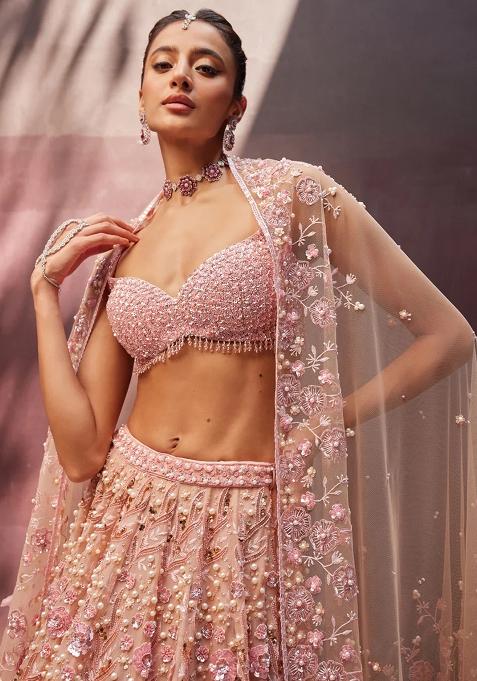Pastel Peach Pink Embroidered Georgette Lehenga Set