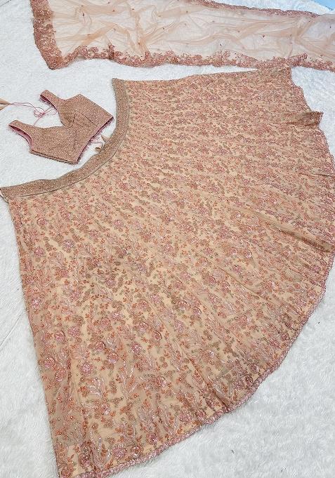 Pastel Peach Pink Embroidered Georgette Lehenga Set