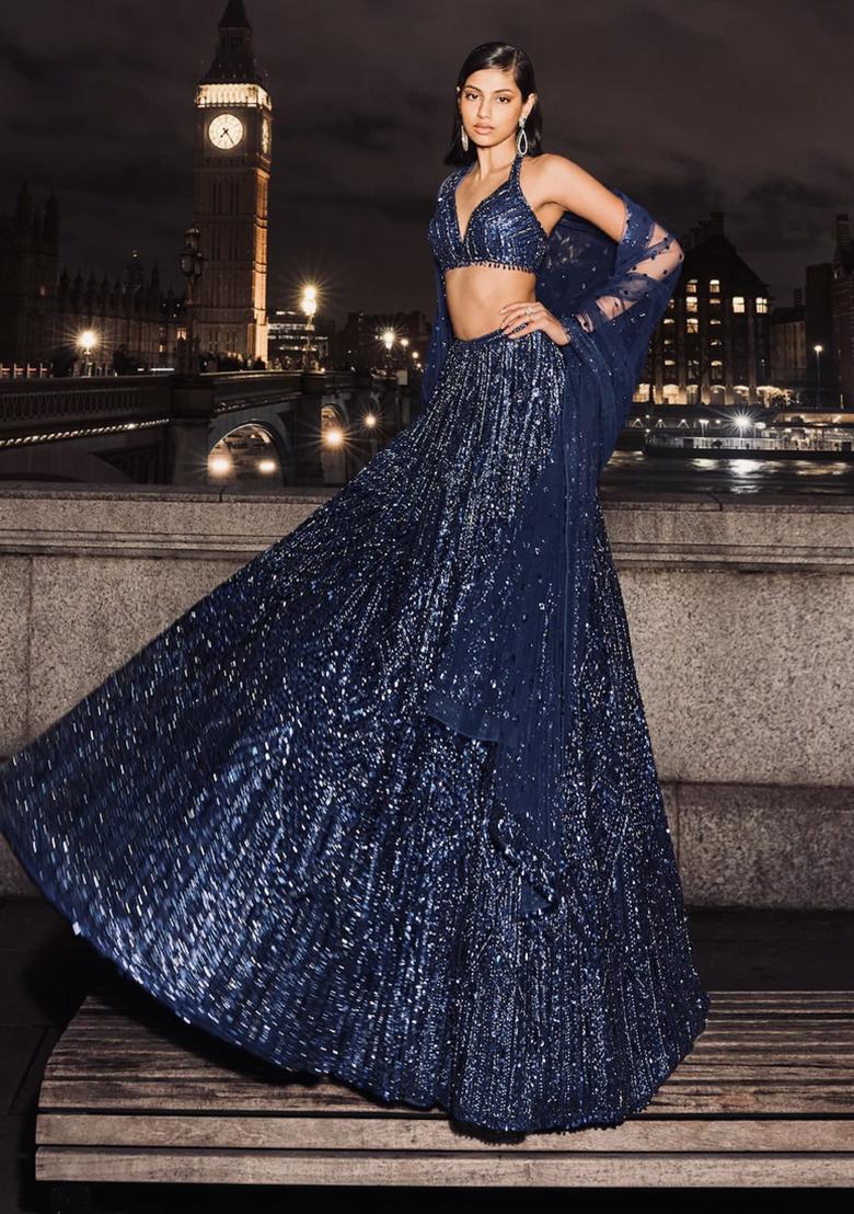 Blue Embellished Net Lehenga Set