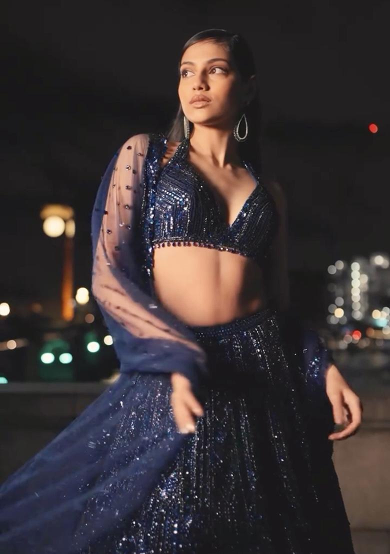 Blue Embellished Net Lehenga Set - Indya