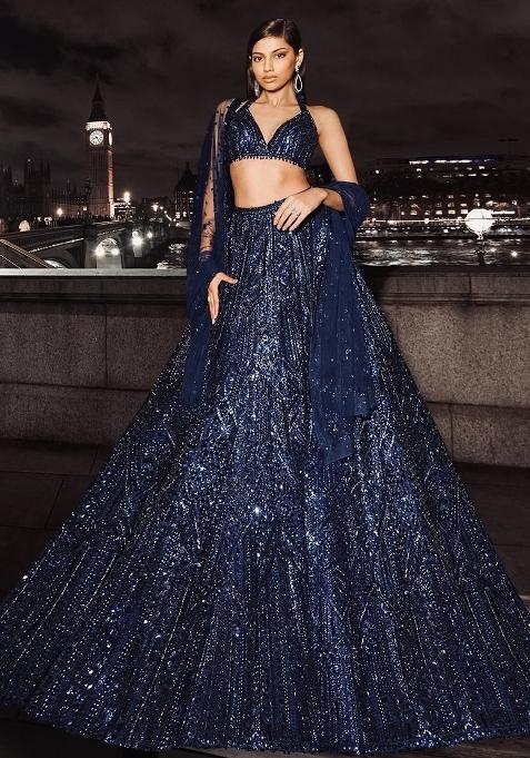 Blue Embellished Net Lehenga Set