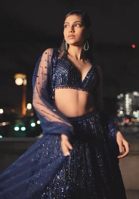 Blue Embellished Net Lehenga Set