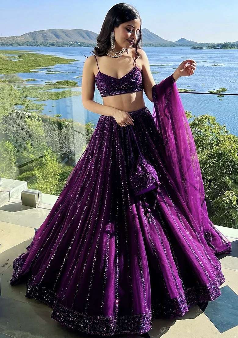 Purple Embellished Net Lehenga Set for Diwali and Festive Wear - Indya