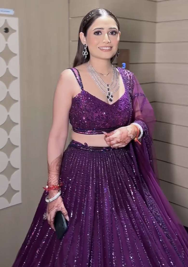 Purple Embellished Net Lehenga Set for Diwali and Festive Wear - Indya