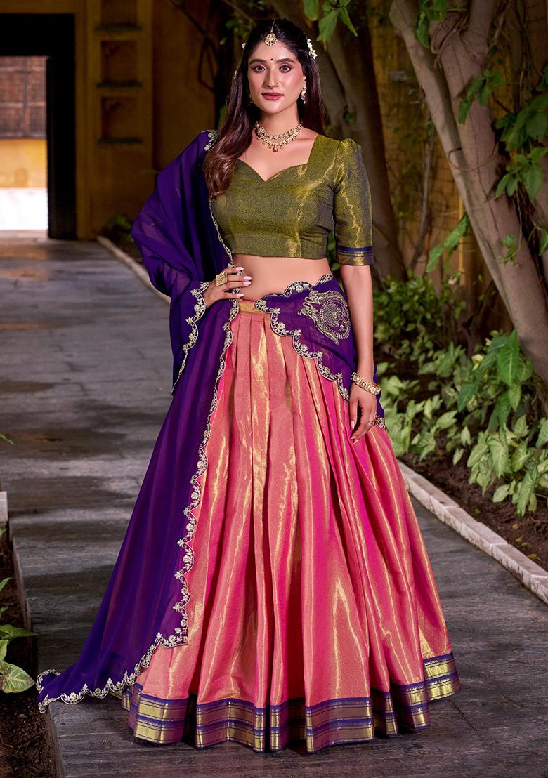 Pink Embroidered Silk Lehenga Set - Indya