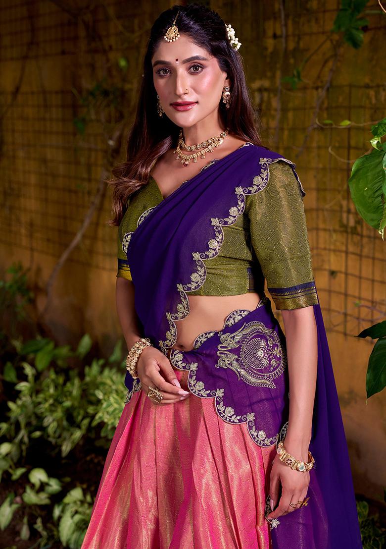 Pink Embroidered Silk Lehenga Set - Indya