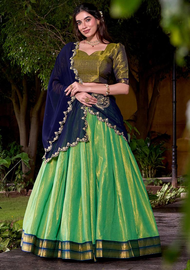 Green Embroidered Silk Lehenga Set - Indya