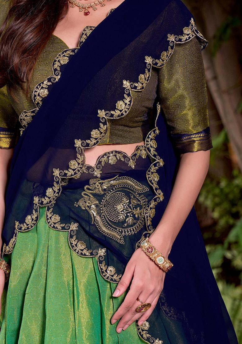 Green Embroidered Silk Lehenga Set - Indya