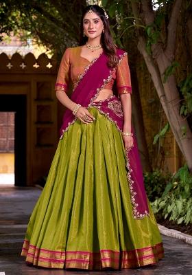 Parrot Green Embroidered Silk Lehenga Set