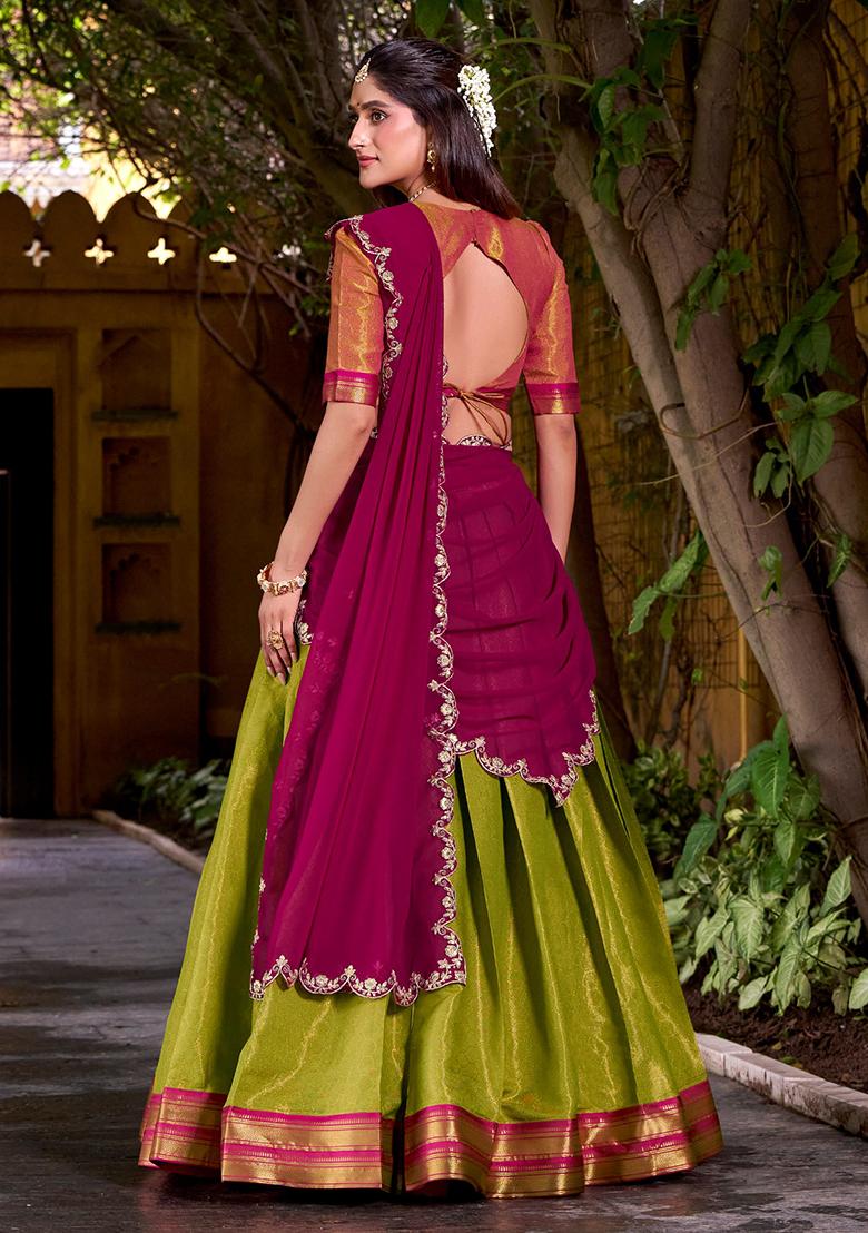 Parrot Green Embroidered Silk Lehenga Set - Indya