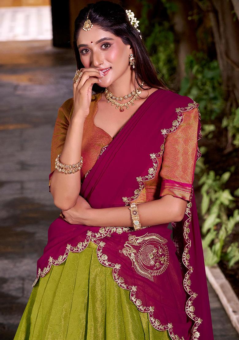 Parrot Green Embroidered Silk Lehenga Set - Indya