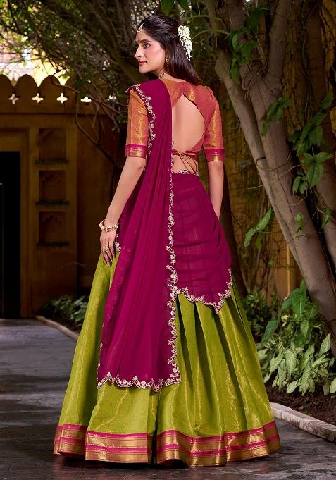 Parrot Green Embroidered Silk Lehenga Set