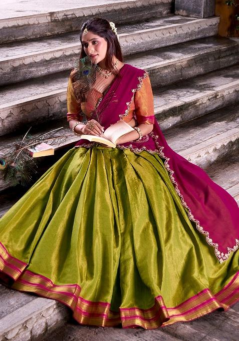 Parrot Green Embroidered Silk Lehenga Set