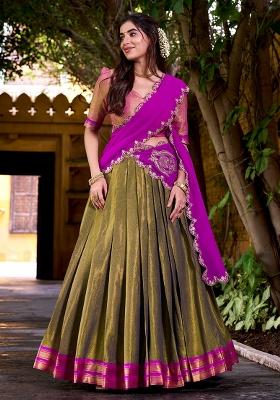 Olive Green Embroidered Silk Lehenga Set