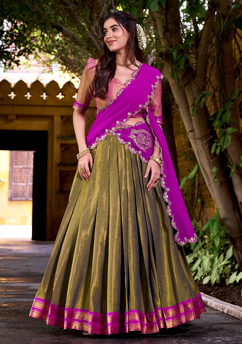 Olive Green Embroidered Silk Lehenga Set