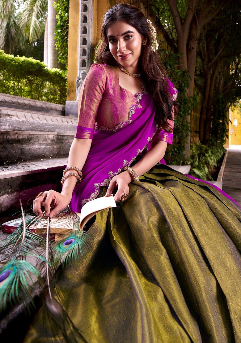 Olive Green Embroidered Silk Lehenga Set