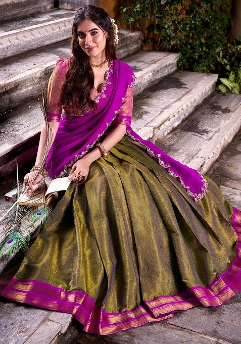 Olive Green Embroidered Silk Lehenga Set