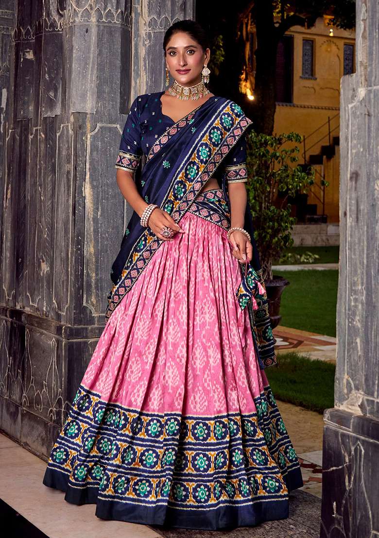 Pink Printed Silk Blend Chaniya Choli Set For Navratri And Garba - Indya