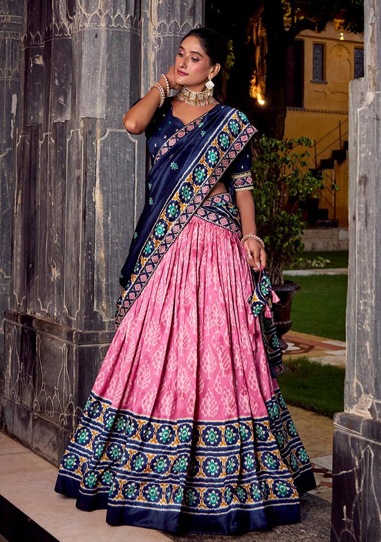 Pink Printed Silk Lehenga Set - Indya
