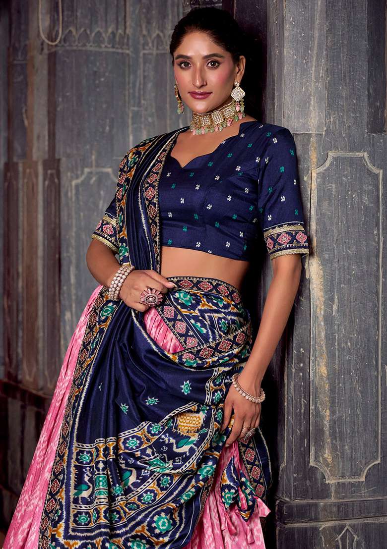 Pink Printed Silk Blend Chaniya Choli Set For Navratri And Garba - Indya