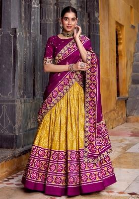 Yellow Printed Silk Lehenga Set