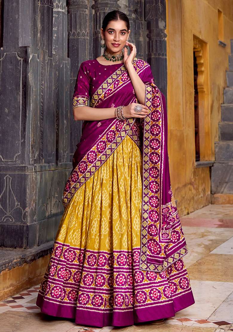 Yellow Printed Silk Blend Chaniya Choli Set For Navratri And Garba - Indya