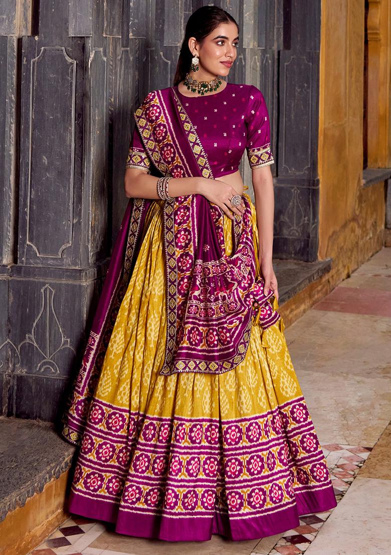 Yellow Printed Silk Lehenga Set - Indya