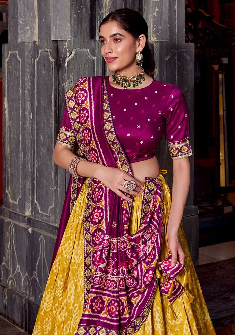 Yellow Printed Silk Blend Chaniya Choli Set For Navratri And Garba - Indya