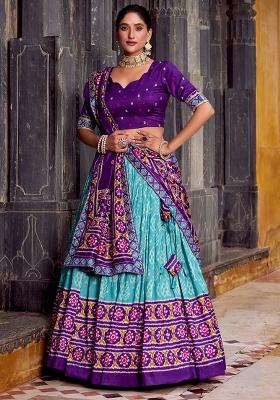 Sky Blue Printed Silk Lehenga Set